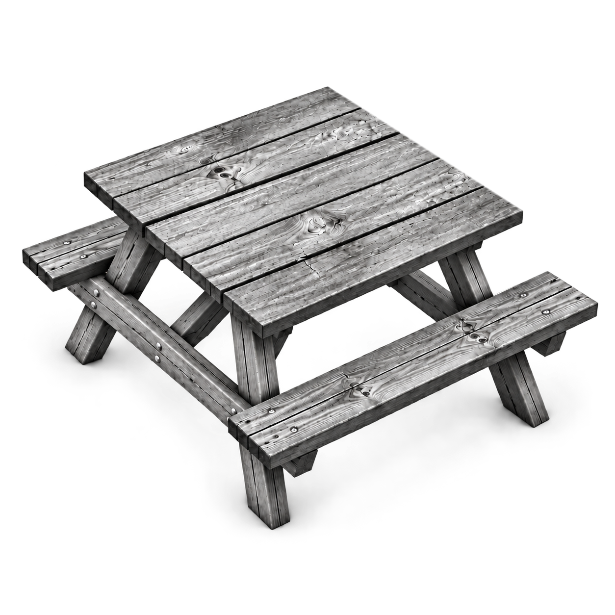 A weathered wooden picnic table